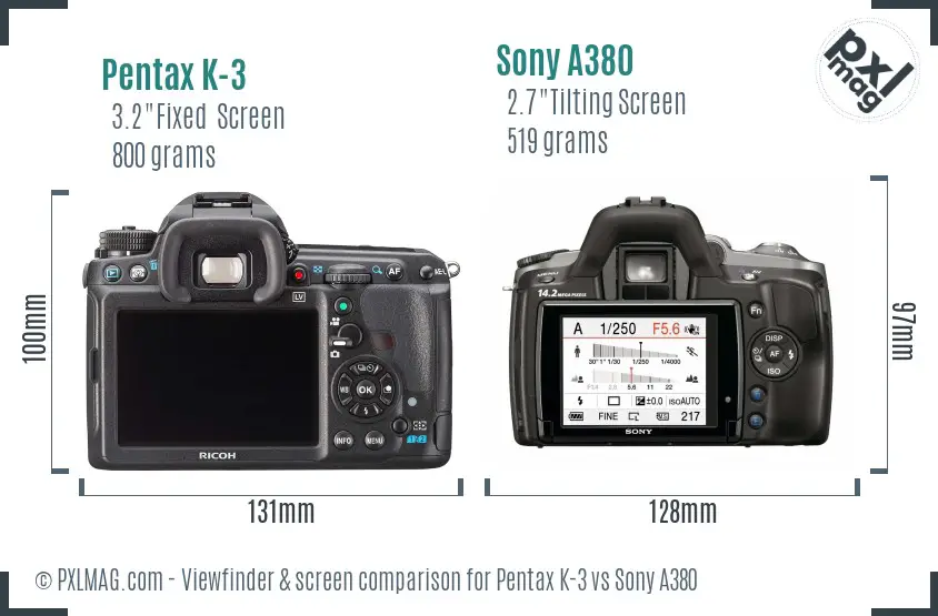 Pentax K-3 vs Sony A380 Screen and Viewfinder comparison