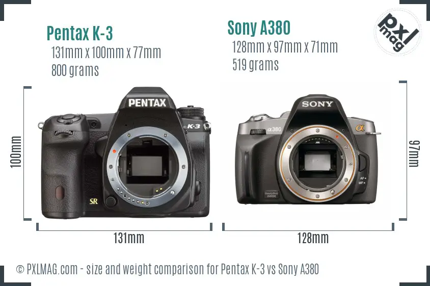 Pentax K-3 vs Sony A380 size comparison