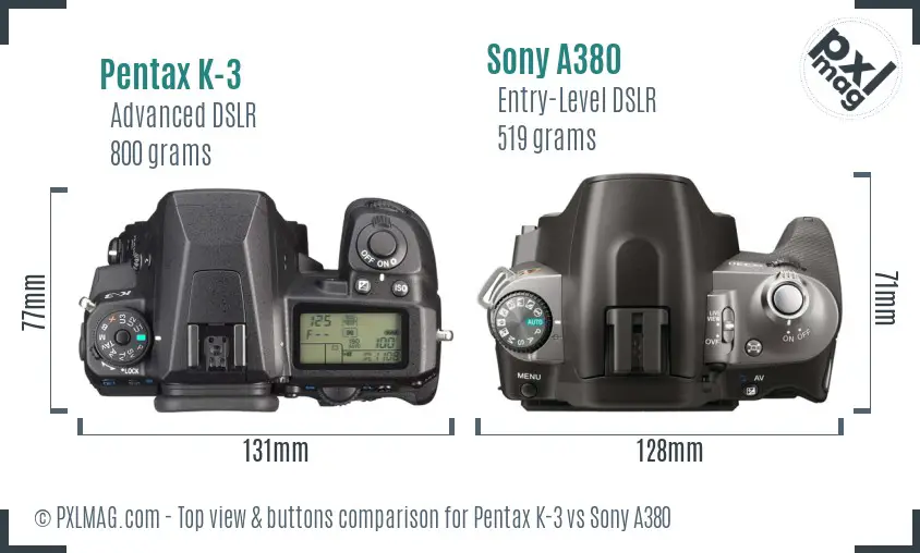 Pentax K-3 vs Sony A380 top view buttons comparison