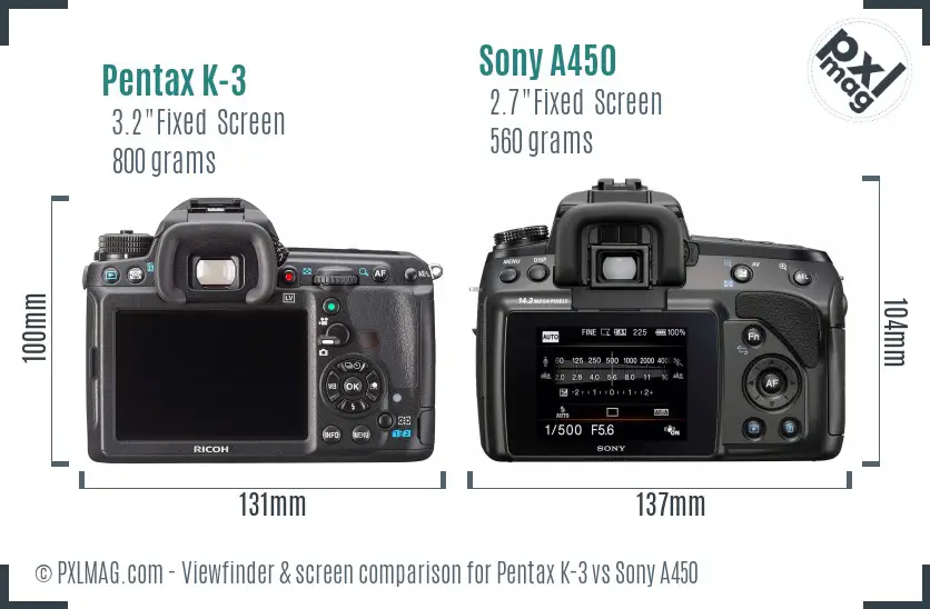 Pentax K-3 vs Sony A450 Screen and Viewfinder comparison Pentax K-3 vs Sony A450 Screen and Viewfinder comparison