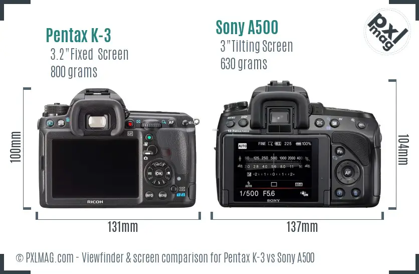 Pentax K-3 vs Sony A500 Screen and Viewfinder comparison