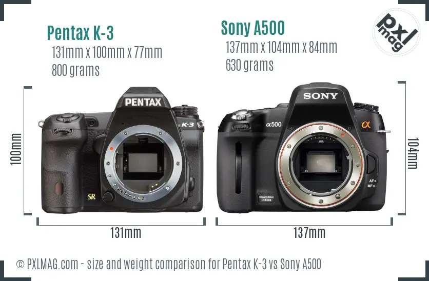 Pentax K-3 vs Sony A500 size comparison