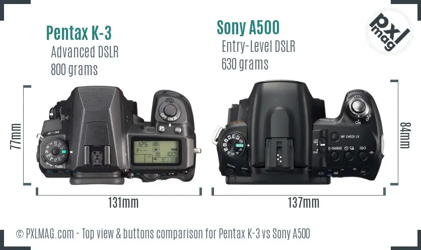 Pentax K-3 vs Sony A500 top view buttons comparison