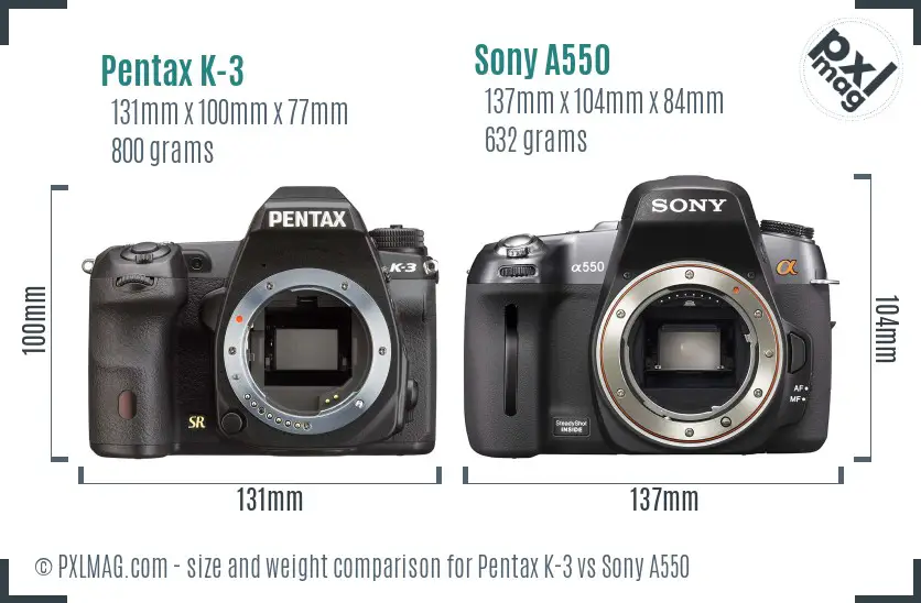 Pentax K-3 vs Sony A550 size comparison