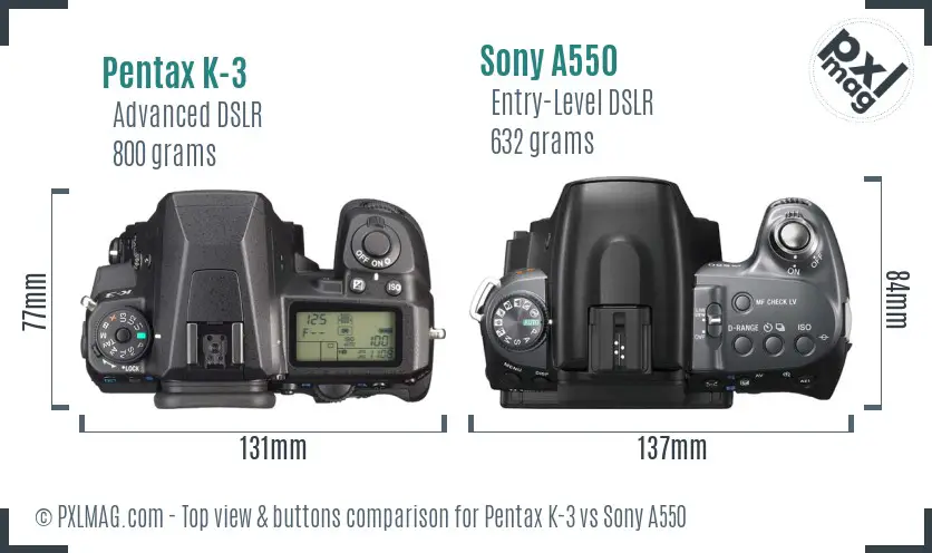 Pentax K-3 vs Sony A550 top view buttons comparison