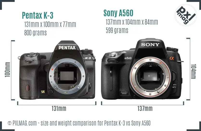Pentax K-3 vs Sony A560 size comparison