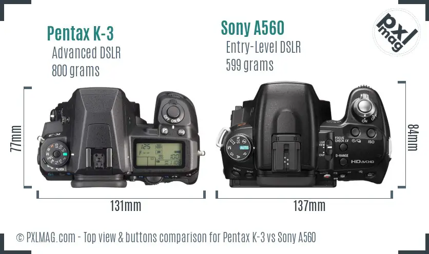 Pentax K-3 vs Sony A560 top view buttons comparison