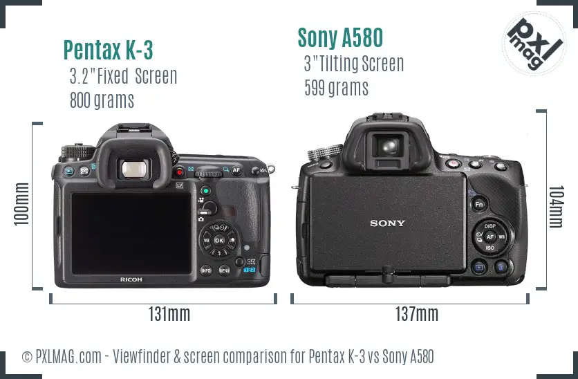Pentax K-3 vs Sony A580 Screen and Viewfinder comparison Pentax K-3 vs Sony A580 Screen and Viewfinder comparison