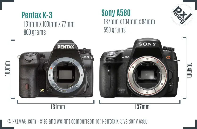 Pentax K-3 vs Sony A580 size comparison Pentax K-3 vs Sony A580 size comparison