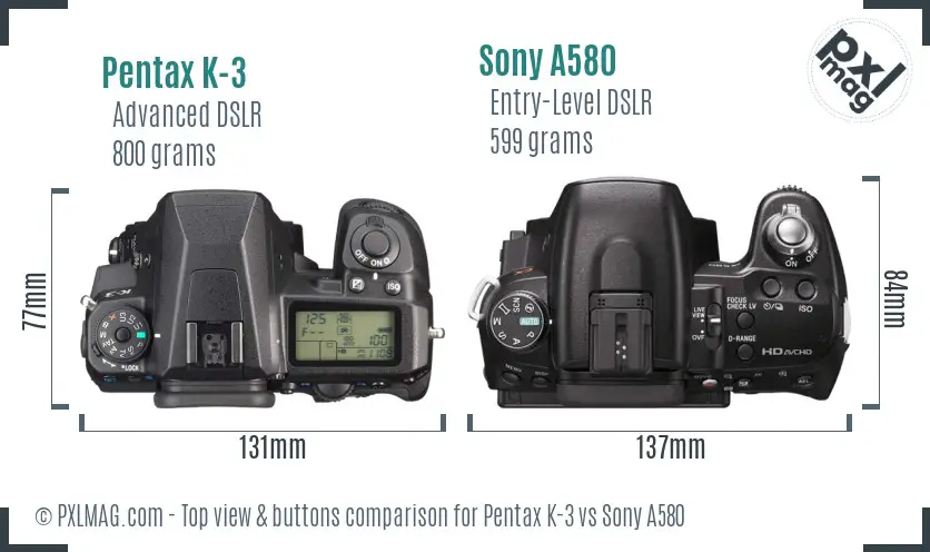 Pentax K-3 vs Sony A580 top view buttons comparison Pentax K-3 vs Sony A580 top view buttons comparison
