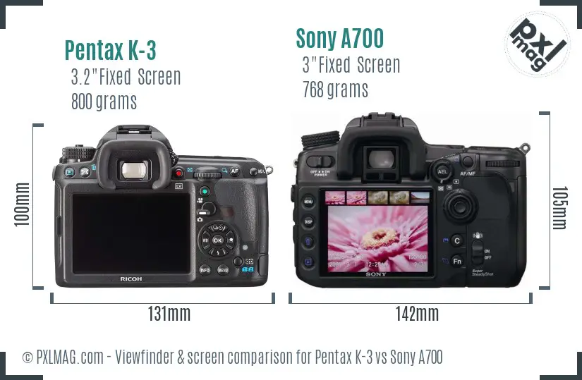 Pentax K-3 vs Sony A700 Screen and Viewfinder comparison