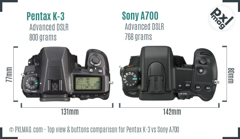 Pentax K-3 vs Sony A700 top view buttons comparison