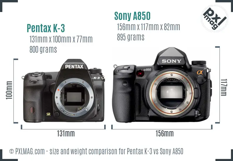 Pentax K-3 vs Sony A850 size comparison