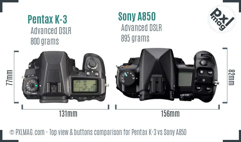 Pentax K-3 vs Sony A850 top view buttons comparison