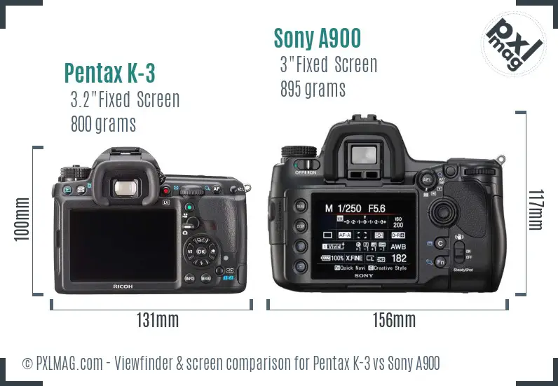 Pentax K-3 vs Sony A900 Screen and Viewfinder comparison