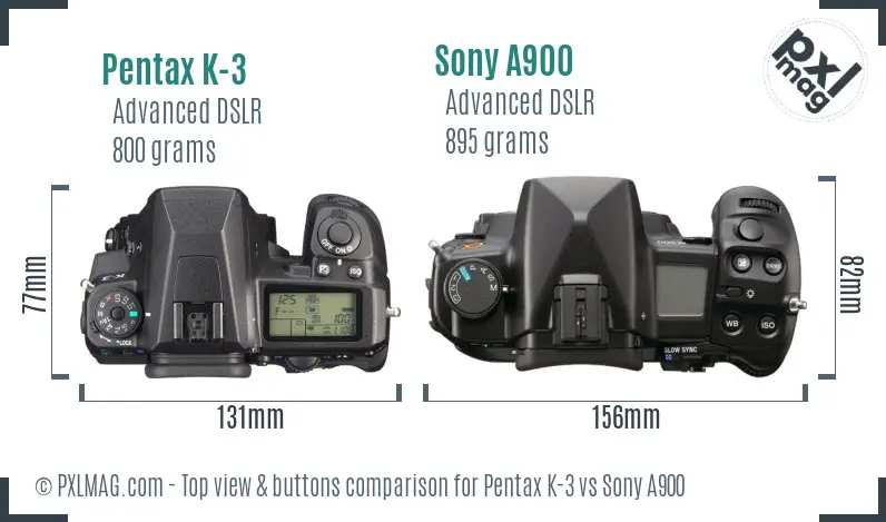Pentax K-3 vs Sony A900 top view buttons comparison