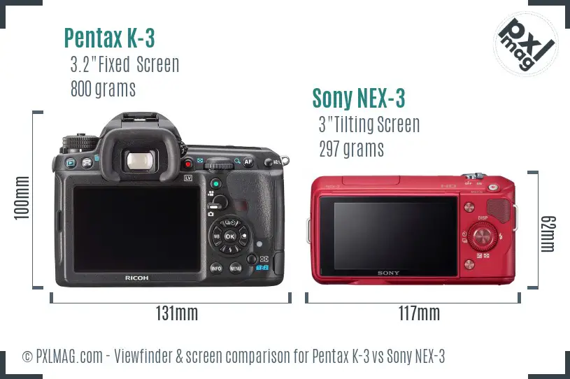 Pentax K-3 vs Sony NEX-3 Screen and Viewfinder comparison