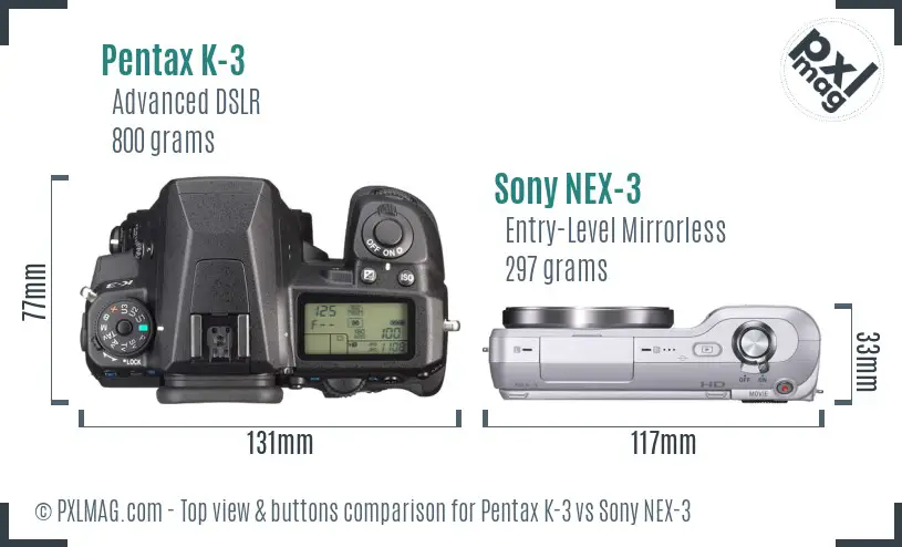 Pentax K-3 vs Sony NEX-3 top view buttons comparison