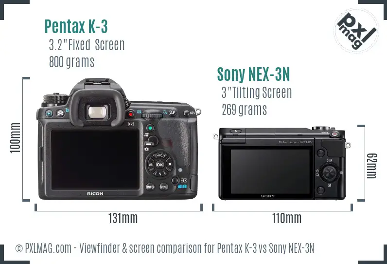 Pentax K-3 vs Sony NEX-3N Screen and Viewfinder comparison