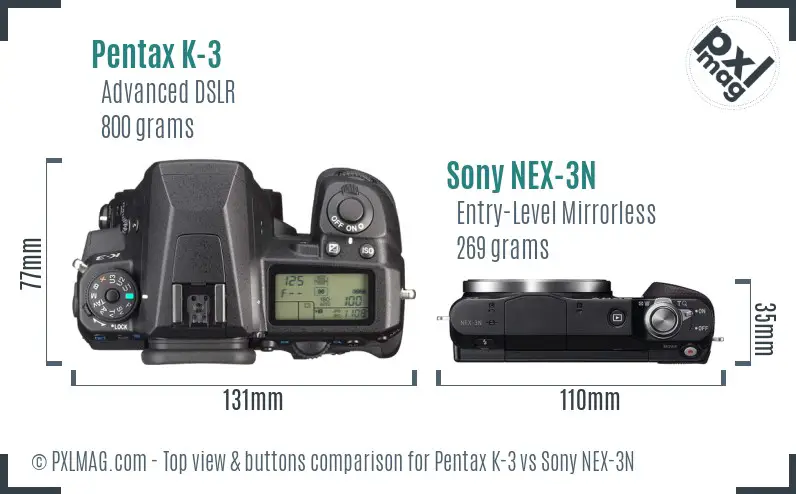 Pentax K-3 vs Sony NEX-3N top view buttons comparison