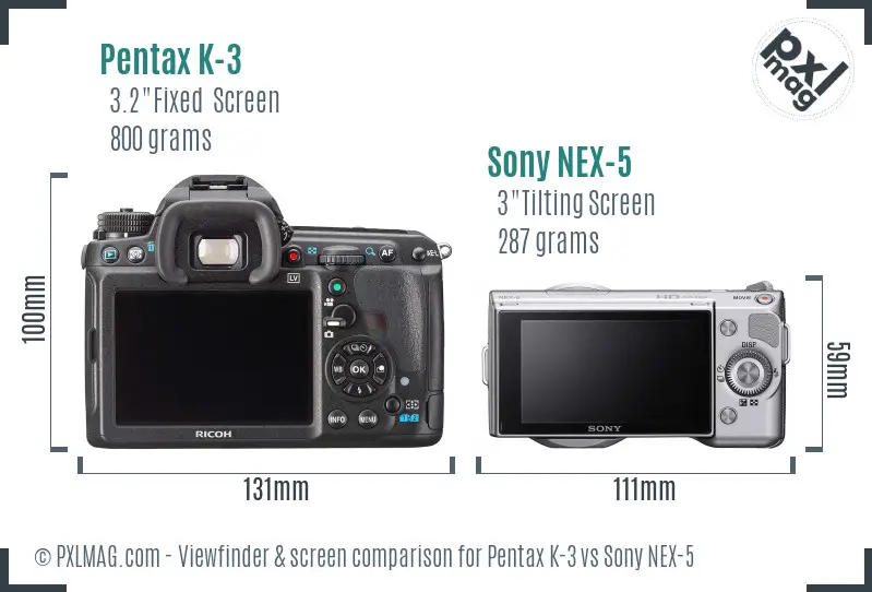 Pentax K-3 vs Sony NEX-5 Screen and Viewfinder comparison
