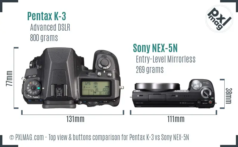 Pentax K-3 vs Sony NEX-5N top view buttons comparison