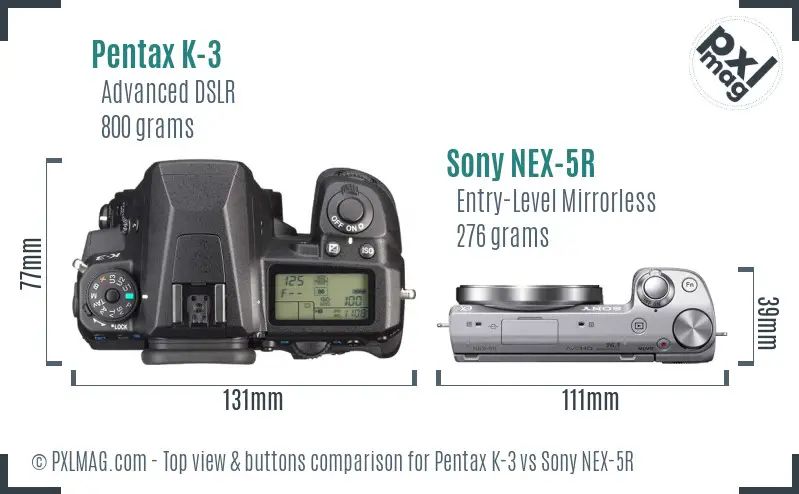 Pentax K-3 vs Sony NEX-5R top view buttons comparison Pentax K-3 vs Sony NEX-5R top view buttons comparison