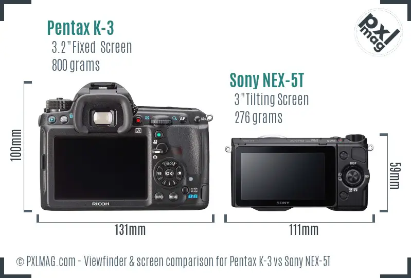 Pentax K-3 vs Sony NEX-5T Screen and Viewfinder comparison