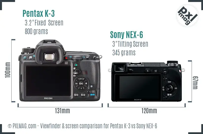 Pentax K-3 vs Sony NEX-6 Screen and Viewfinder comparison