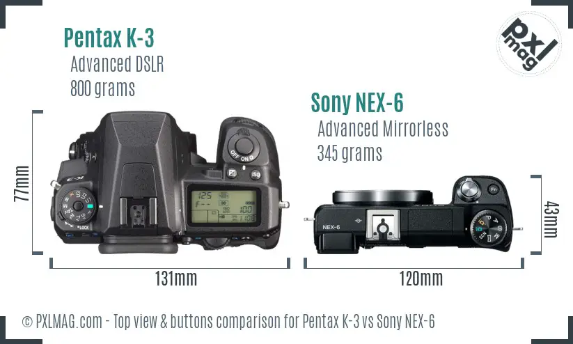 Pentax K-3 vs Sony NEX-6 top view buttons comparison