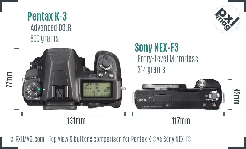 Pentax K-3 vs Sony NEX-F3 top view buttons comparison Pentax K-3 vs Sony NEX-F3 top view buttons comparison