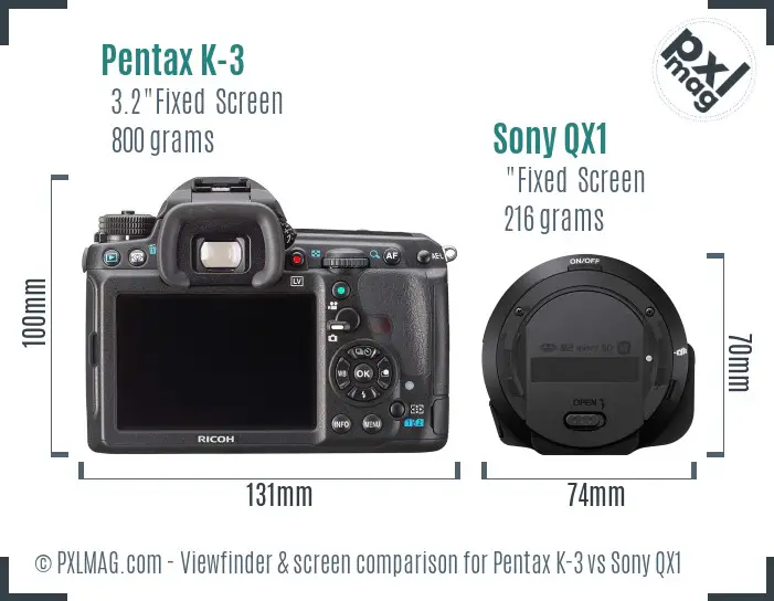 Pentax K-3 vs Sony QX1 Screen and Viewfinder comparison