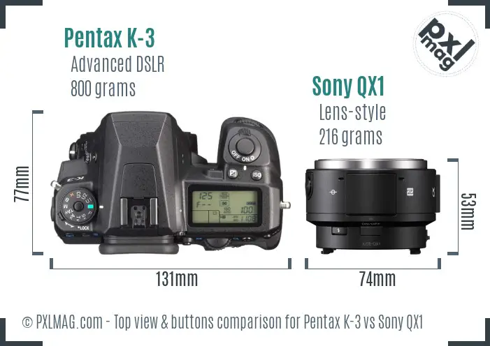 Pentax K-3 vs Sony QX1 top view buttons comparison