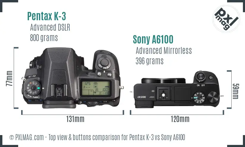 Pentax K-3 vs Sony A6100 top view buttons comparison Pentax K-3 vs Sony A6100 top view buttons comparison