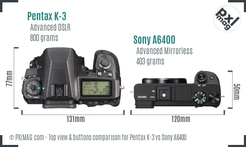 Pentax K-3 vs Sony A6400 top view buttons comparison Pentax K-3 vs Sony A6400 top view buttons comparison