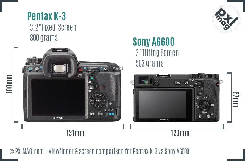 Pentax K-3 vs Sony A6600 Screen and Viewfinder comparison