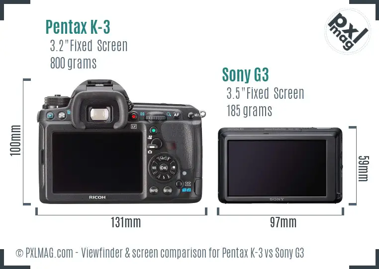 Pentax K-3 vs Sony G3 Screen and Viewfinder comparison