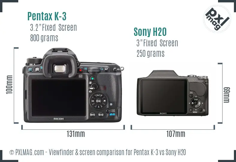 Pentax K-3 vs Sony H20 Screen and Viewfinder comparison