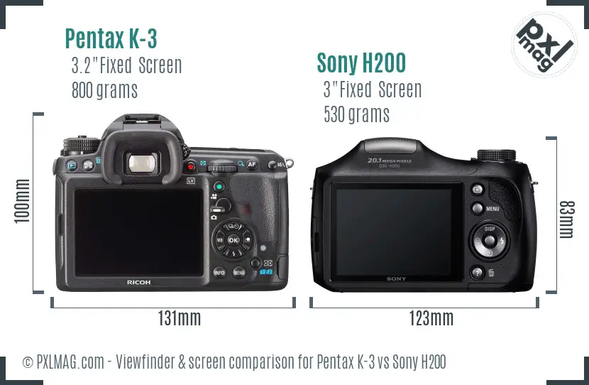 Pentax K-3 vs Sony H200 Screen and Viewfinder comparison