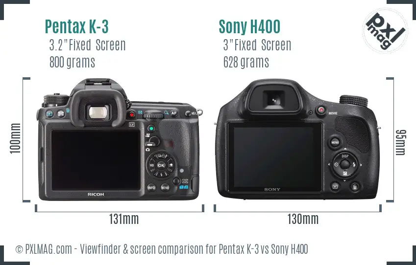 Pentax K-3 vs Sony H400 Screen and Viewfinder comparison