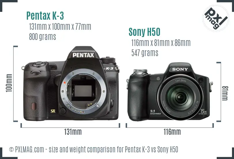 Pentax K-3 vs Sony H50 size comparison