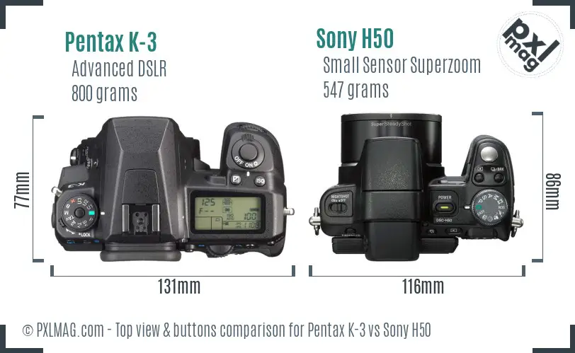 Pentax K-3 vs Sony H50 top view buttons comparison