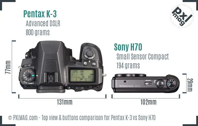 Pentax K-3 vs Sony H70 top view buttons comparison