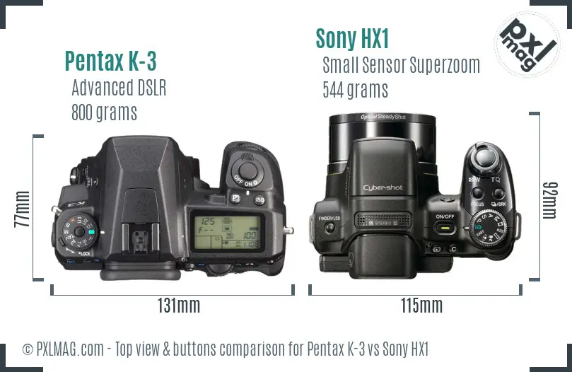 Pentax K-3 vs Sony HX1 top view buttons comparison