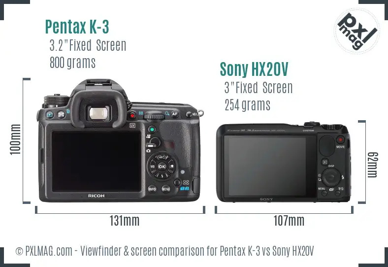 Pentax K-3 vs Sony HX20V Screen and Viewfinder comparison