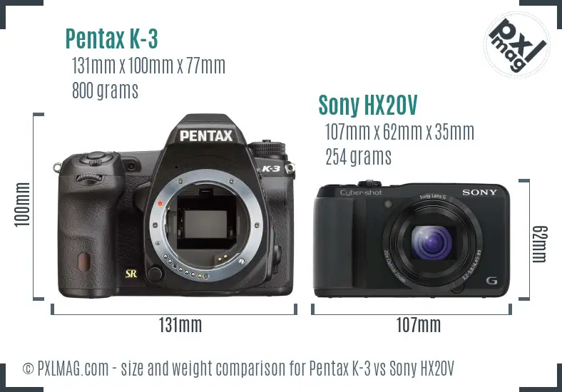 Pentax K-3 vs Sony HX20V size comparison