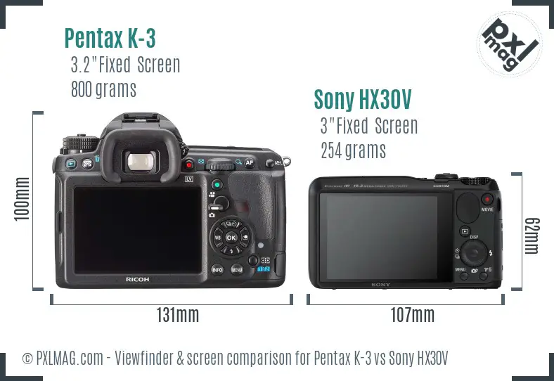 Pentax K-3 vs Sony HX30V Screen and Viewfinder comparison