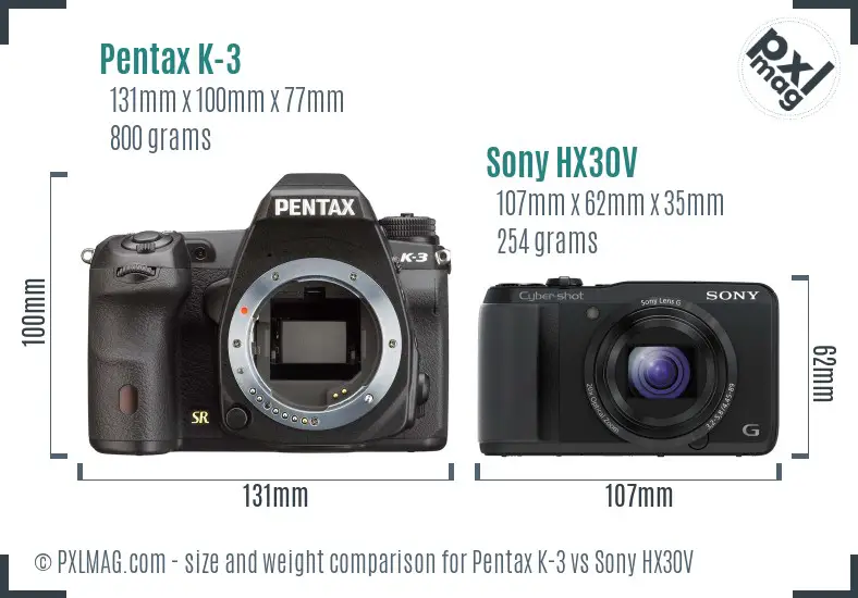 Pentax K-3 vs Sony HX30V size comparison