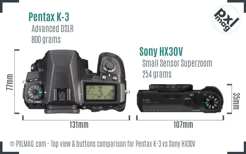 Pentax K-3 vs Sony HX30V top view buttons comparison