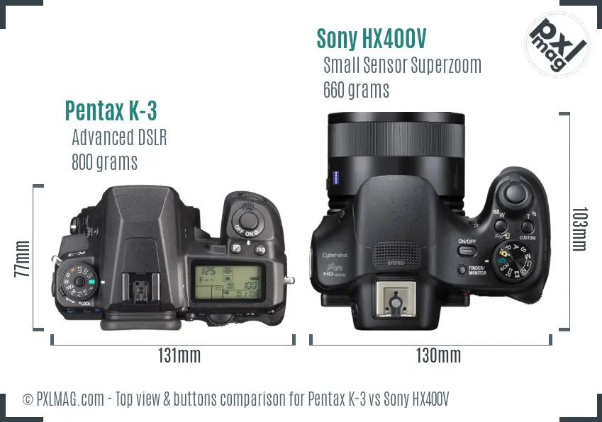 Pentax K-3 vs Sony HX400V top view buttons comparison